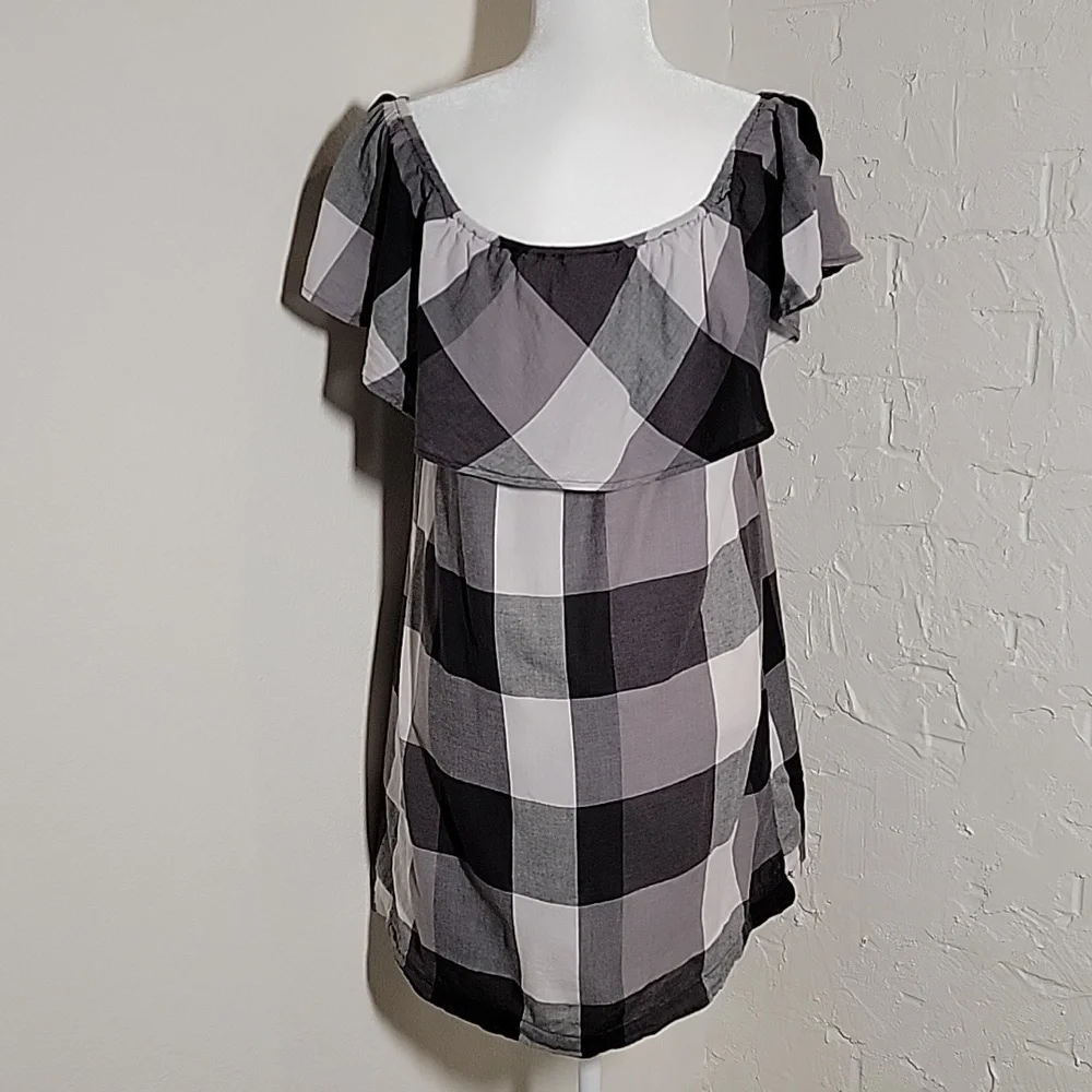 Who What Wear Mini Dress Off The Shoulder Buffalo Plaid Checkered Black White M - Picture 4 of 15